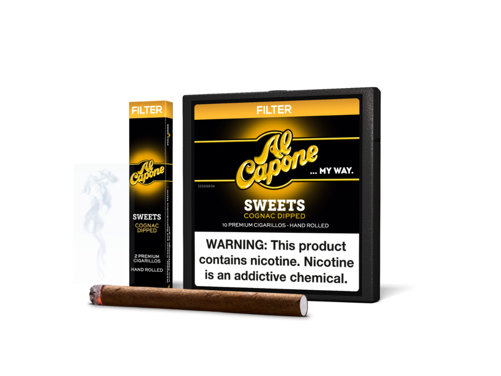 Al Capone Sweets Filtered Cigarillos with natural tobacco leaf — smooth, bold, and all natural tobacco leaf wrapper