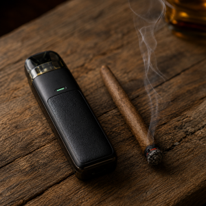 A vape device next to a lit cigarillo on a wooden surface